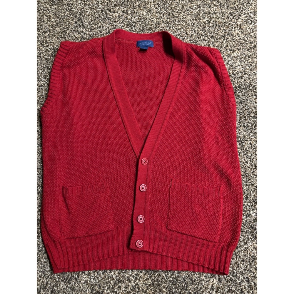 TOWNCRAFT  Red knit acrylic cardigan sweater vest Large  90s grandpa golf‎ E11